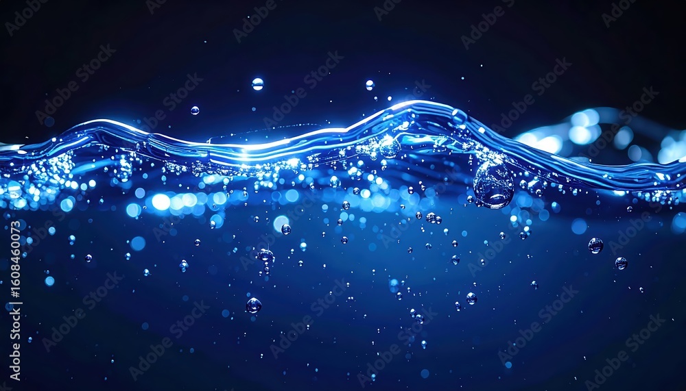 Poster clear blue water splash with light reflections and bubbles in dark background creating a dynamic aqu
