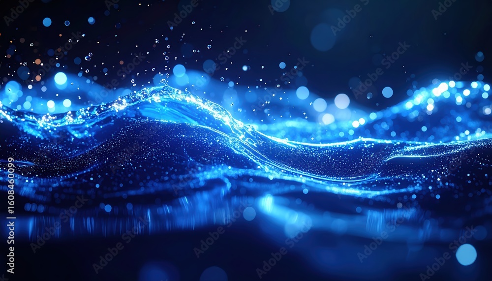 Aufkleber abstract blue water splash with glowing light particles and dynamic fluid motion suitable for techno