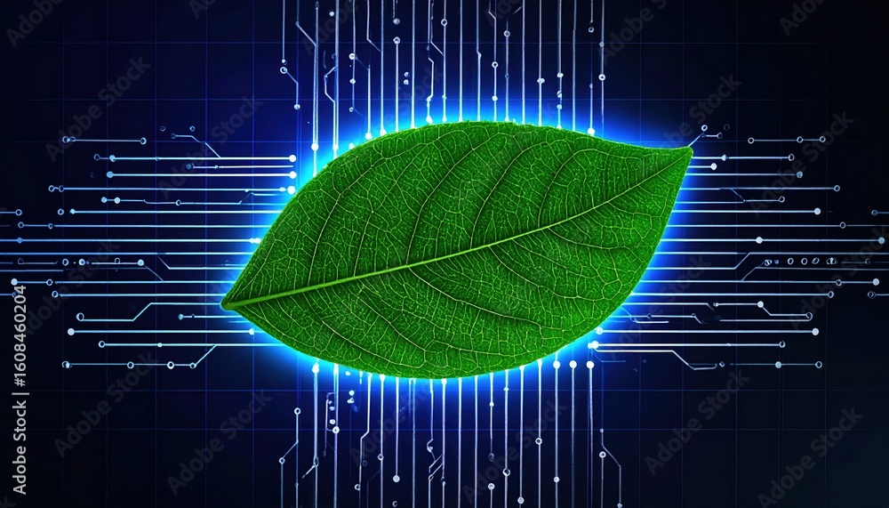 Aufkleber digital green leaf with circuit lines glowing in futuristic cyberspace background symbolizing techno