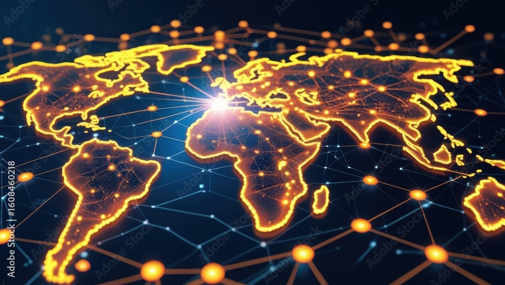 Poster futuristic digital world map with glowing interconnected continents and network lines representing g