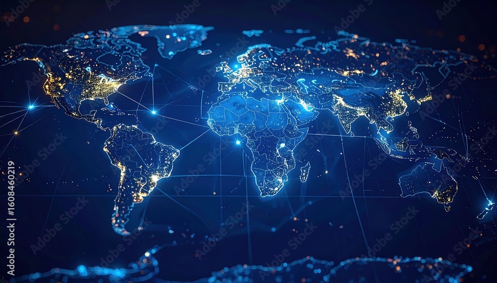 Poster detailed digital world map illuminated with bright interconnected network lines showing global conne