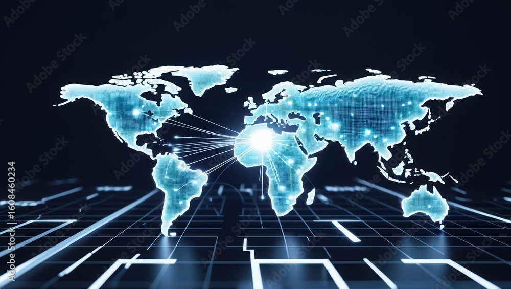 Poster digital world map with interconnected glowing lines highlighting global connectivity and data transf