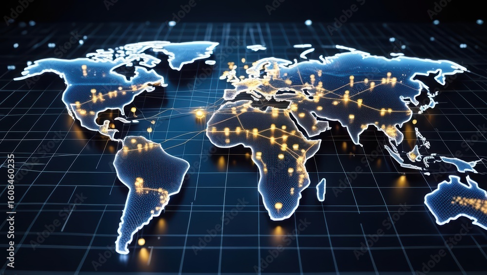 Poster digital world map with illuminated global connectivity highlighting technology, communication, and n