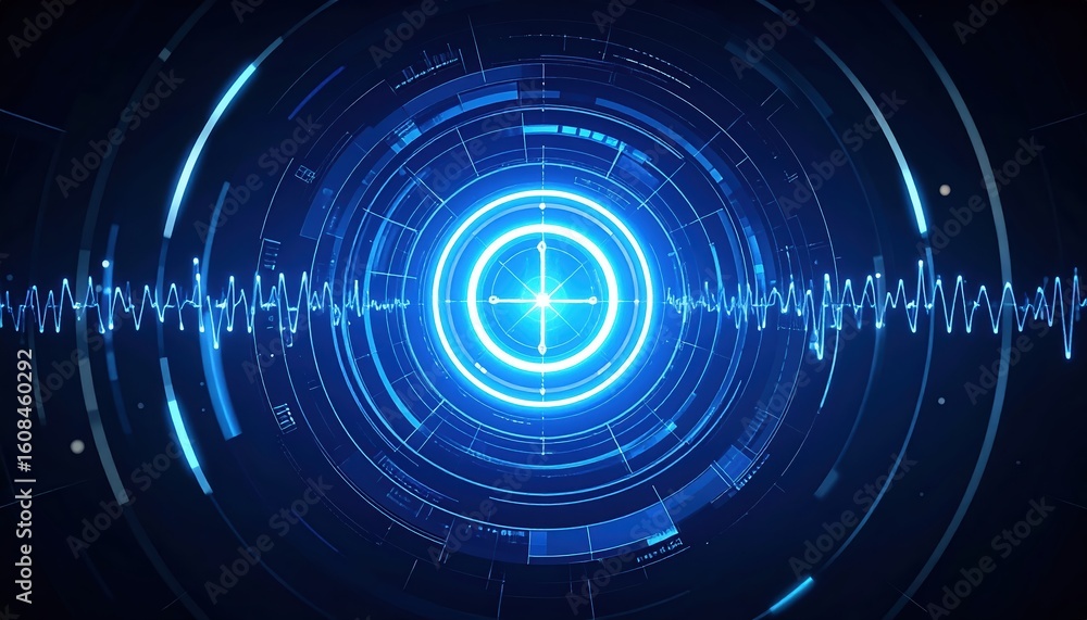 Poster futuristic digital heartbeat scanner display with glowing circular interface and dynamic pulse lines
