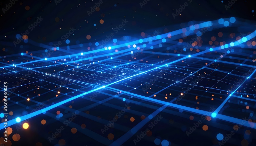 Poster abstract digital network visualization with glowing blue lines interconnected over dark background r