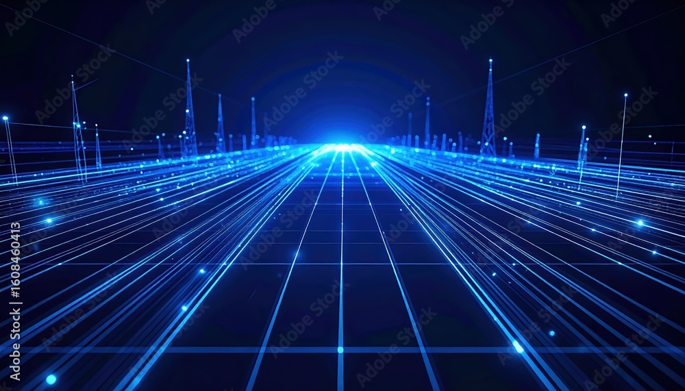 Poster futuristic digital landscape with interconnected glowing lines and data points representing technolo