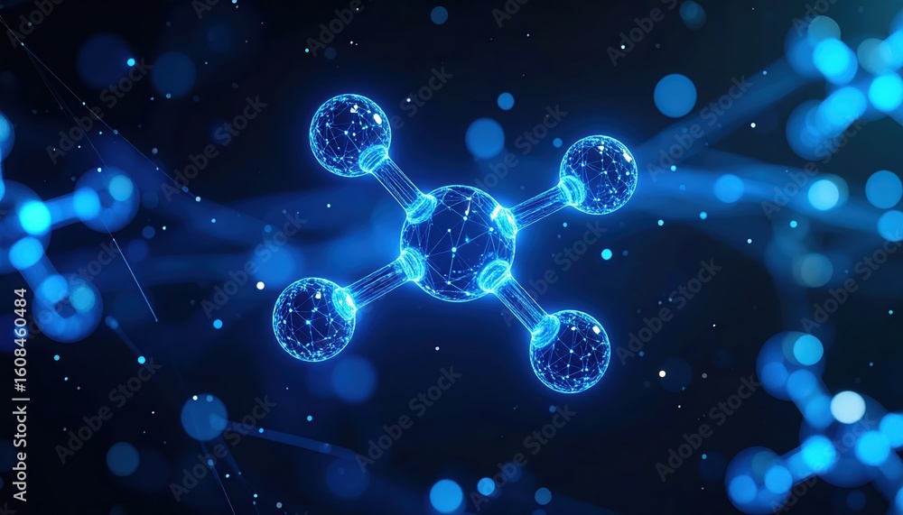 Poster highly detailed digital visualization of a molecular structure with interconnected atoms glowing in 