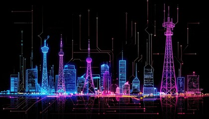 Futuristic CITY skyline at night with illuminated skyscrapers tall towers and vibrant neon glow digital art background