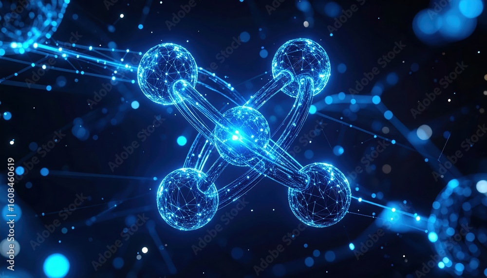 Poster advanced molecular structure representation with glowing blue interconnected atoms illustrating scie