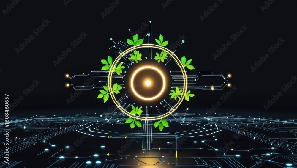 Poster futuristic digital technology concept featu a glowing central circle surrounded by green leaves and 