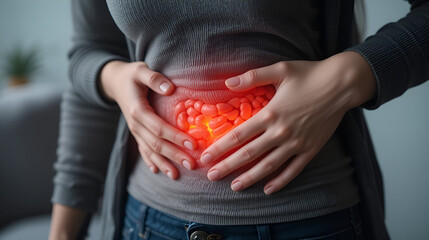 Woman with stomach pain causes of abdominal pain include inflammatory bowel disease-IBD. stomach ulcer irritable bowel syndrome (IBS), ulcerative colitis and microvilli. closeup photo, blurred.