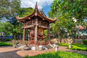 Square building hold a big sacred drum at The Temple of Literature (Van Mieu), the first national...