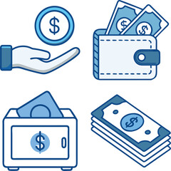 Set of isolated icon illustrations depicting money coin wallet bank and cash stacks