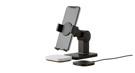 Modern smartphone on an adjustable desk stand with a wireless charging pad isolated PNG with Transparent Background