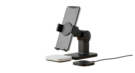 Modern smartphone on an adjustable desk stand with a wireless charging pad isolated PNG with Transparent Background
