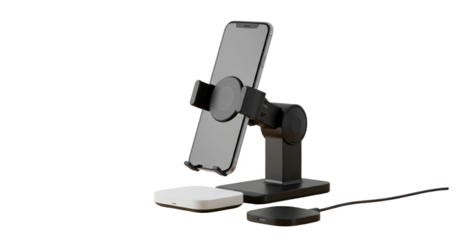 Modern smartphone on an adjustable desk stand with a wireless charging pad isolated PNG with Transparent Background