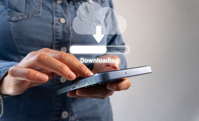 Woman holding a smartphone with floating virtual icons downloading documents from the cloud