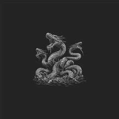 Fototapeta premium powerful illustration of a Hydra snake a multi headed serpent from ancient mythology. engraving design