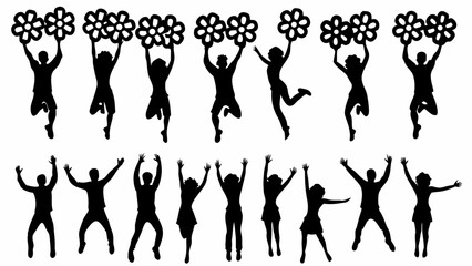 Silhouette of people jumping and holding flowers in the air in a celebratory or joyful expression scene