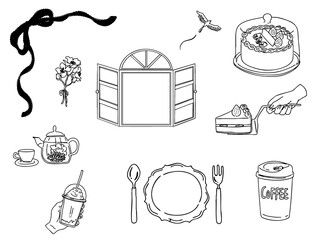 お洒落なアンティークのアイコンセット、リボン、窓、手書き、アフタヌーンティー