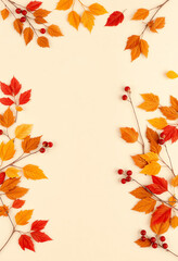 Autumn Foliage and Berry Border on Neutral Beige Background