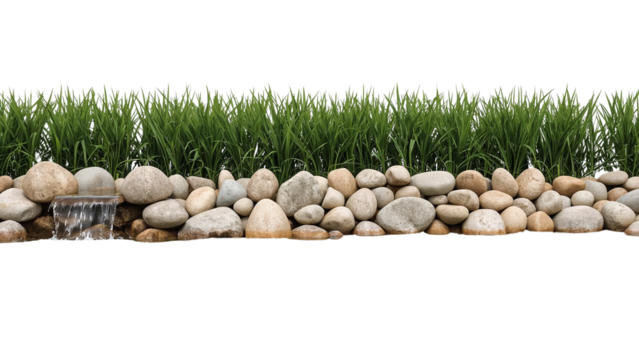 Seamless natural stone border with lush green plants isolated on transparent surface