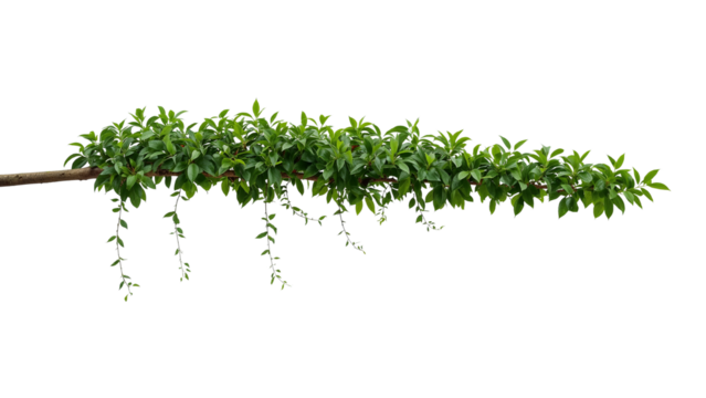 Lush green foliage cascading from a branch, isolated against transparency for creative designs