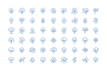 Collection of different tree icons in blue outline style