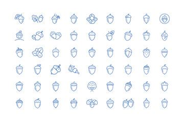 Collection of acorn icons in blue outline style
