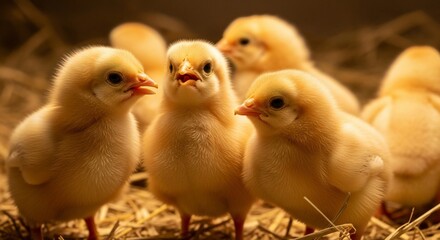 A heartwarming gathering of fluffy yellow chicks nestled together in a cozy nest