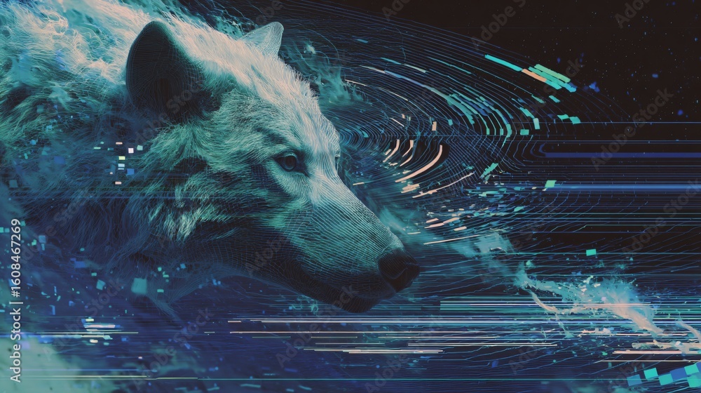 Poster a digital depiction of a wolf head rendered with geometric patterns and a glitch aesthetic creating 