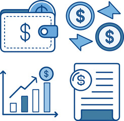 Financial icons showing finance and business related money saving and growth concepts in blue.