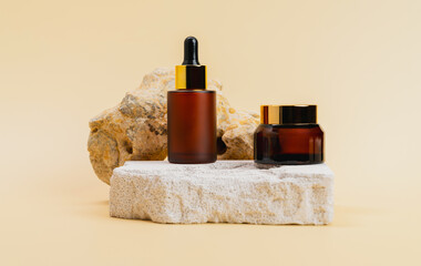 Cosmetic bottles on a stone podium, package for mock up on a beige background. The concept of...
