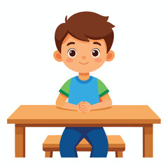 A young boy with brown hair sits at a wooden desk, smiling.