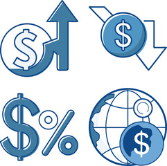 Financial concepts illustrated with dollar signs arrows globe and percentage symbol