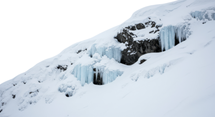 Frozen icicles on mountain rock face covered with fresh snow isolated PNG with Transparent Background