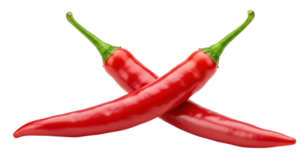 Two red chili peppers crossed for culinary or spice concept isolated PNG with Transparent Background
