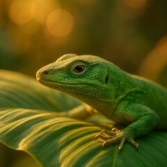 Fototapeta premium Ultra-realistic AI illustration of a green lizard resting on a tropical leaf, lit by golden hour sunlight with detailed texture and soft natural bokeh in the background.