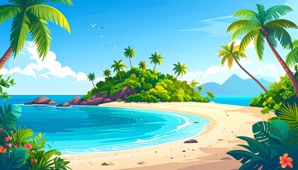 Tropical island paradise. Lush greenery, palm trees, and a tranquil beach frame a serene island scene.  Crystal-clear turquoise water laps gently against a pristine white sand beach