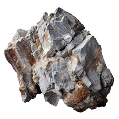 A large, irregularly shaped rock with a mix of gray and brown colors, with some white and black patches.