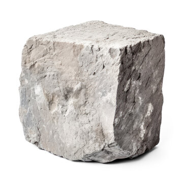 A gray stone cube with a rough, uneven surface.
