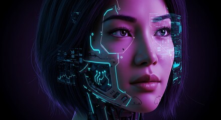 Futuristic woman with digital interface overlay offers compelling AI technology and cybernetic design