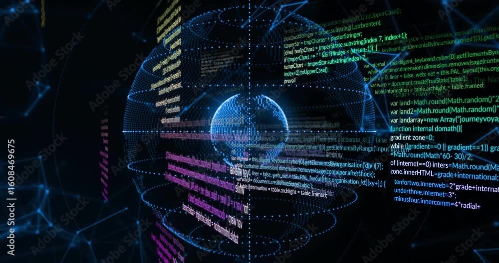 Poster on stream start, 3d render blue dotted globe rotating as code streams wrapping showing network flow