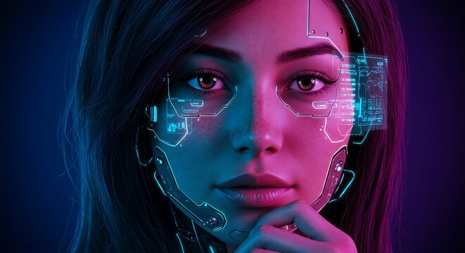 Cyberpunk beauty navigates data streams with augmented reality interface and futuristic technology vision