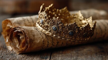Obraz premium Crown overlay in vintage fantasy concept. An ornate golden crown resting on aged parchment scrolls.