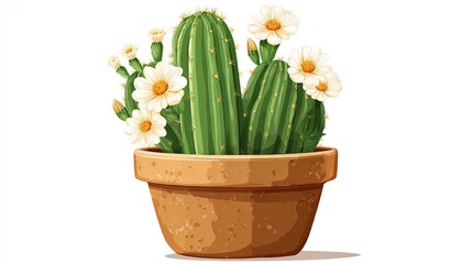 A cartoon illustration of a flowering cactus in a brown clay pot against a white background