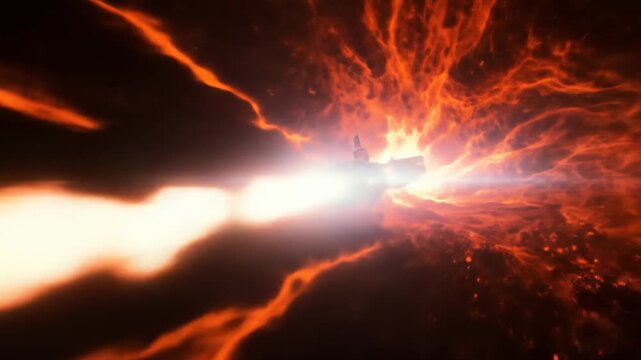 Spacecraft Traveling Through Volcanic Eruption with Lava Clouds and Bright Flare