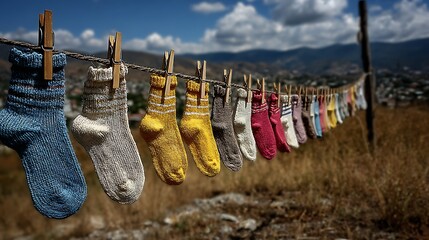 Sunny outdoor scene with bright baby socks pegged above grassy hill and open sky