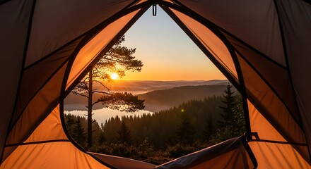 View from inside orange tent at sunrise over misty forest lake and hills dawn morning
