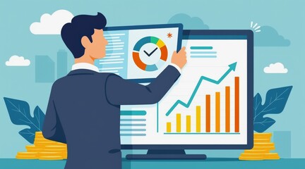 investor opportunity stocks successful goals concept. Professional analyzing data on a digital screen with growth graphs.